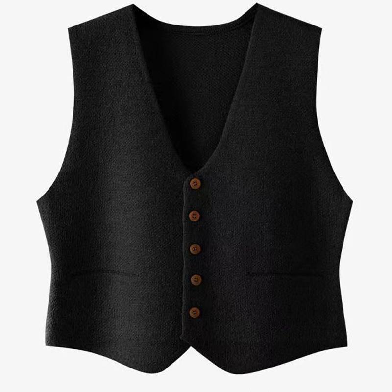 

Корейская версия однотонного внутреннего жилета, осенне-зимней куртки, трикотажный жилет с V-образным вырезом на одной пуговице, подходящий ко всему, мягкий костюм, женский 078J10 average size чёрный