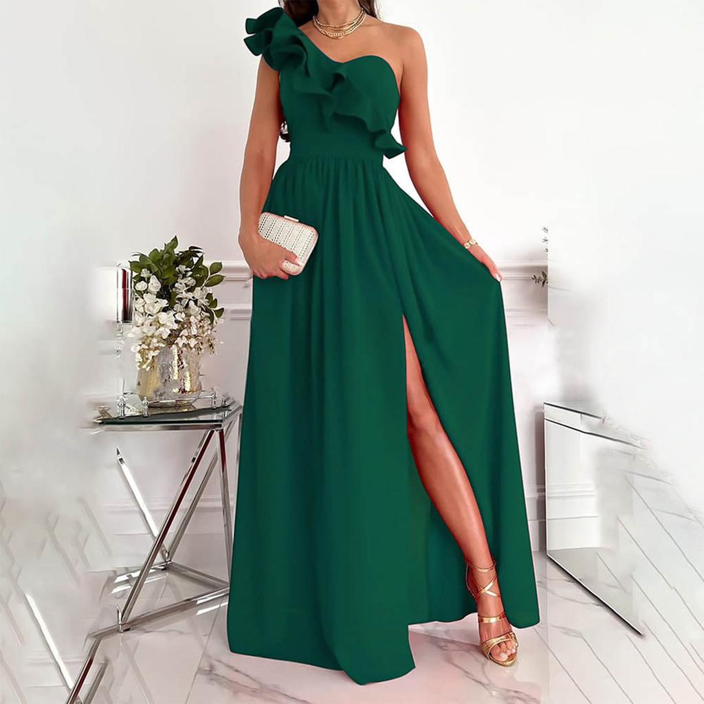 Women One Shoulder Sleeveless Maxi Dress with Side Slit and Ruffle Detail Elegant Evening Gown for Casual and Formal Occasions