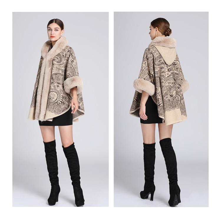 GMXIA Autumn and Winter Imitation Rex Rabbit Fur Collar Jacquard Shawl Cape Plus-size Woolen Coat Cardigan for Women
