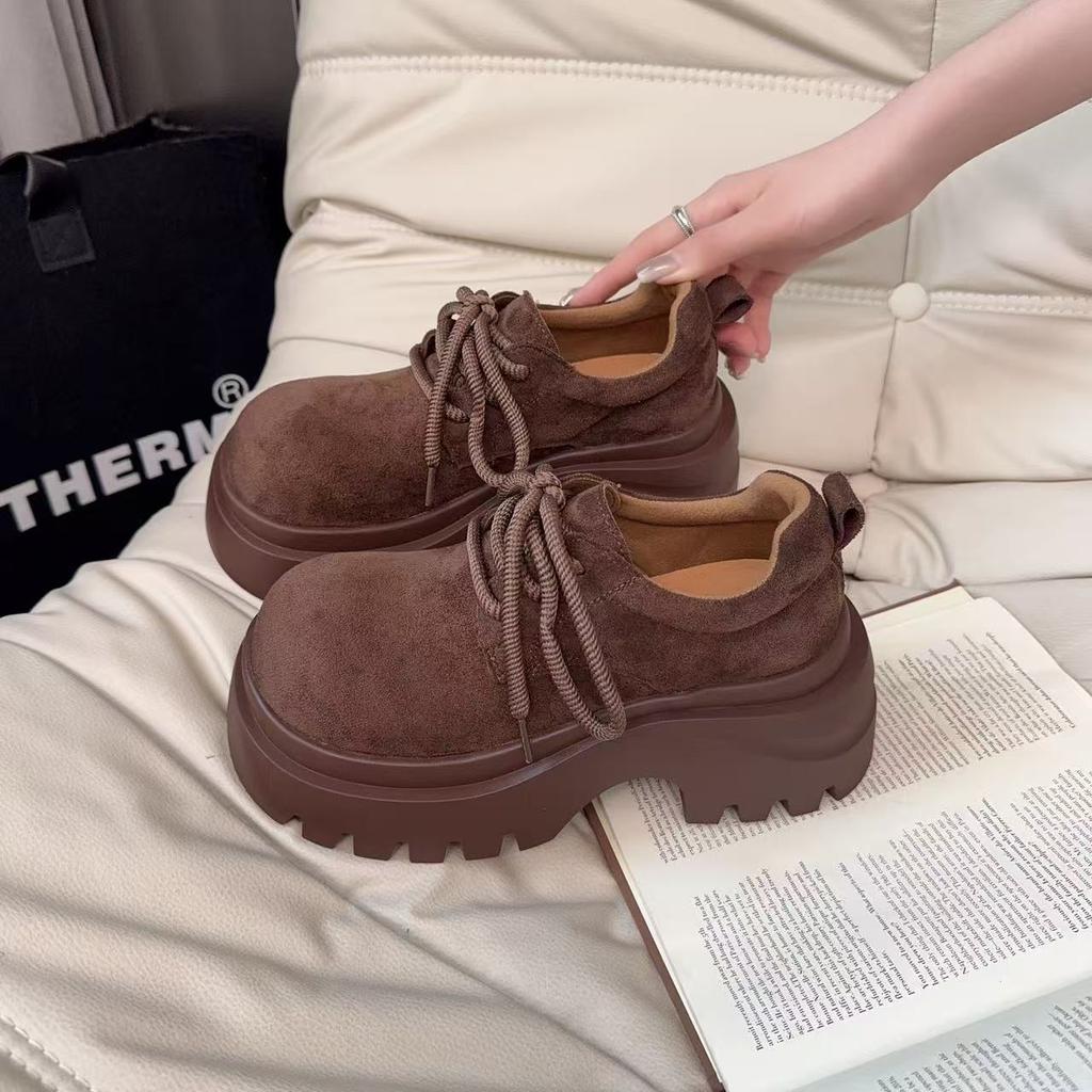 Platform loafers women's 2025 autumn new fashionable versatile simple British style lace-up round head casual small single shoes
