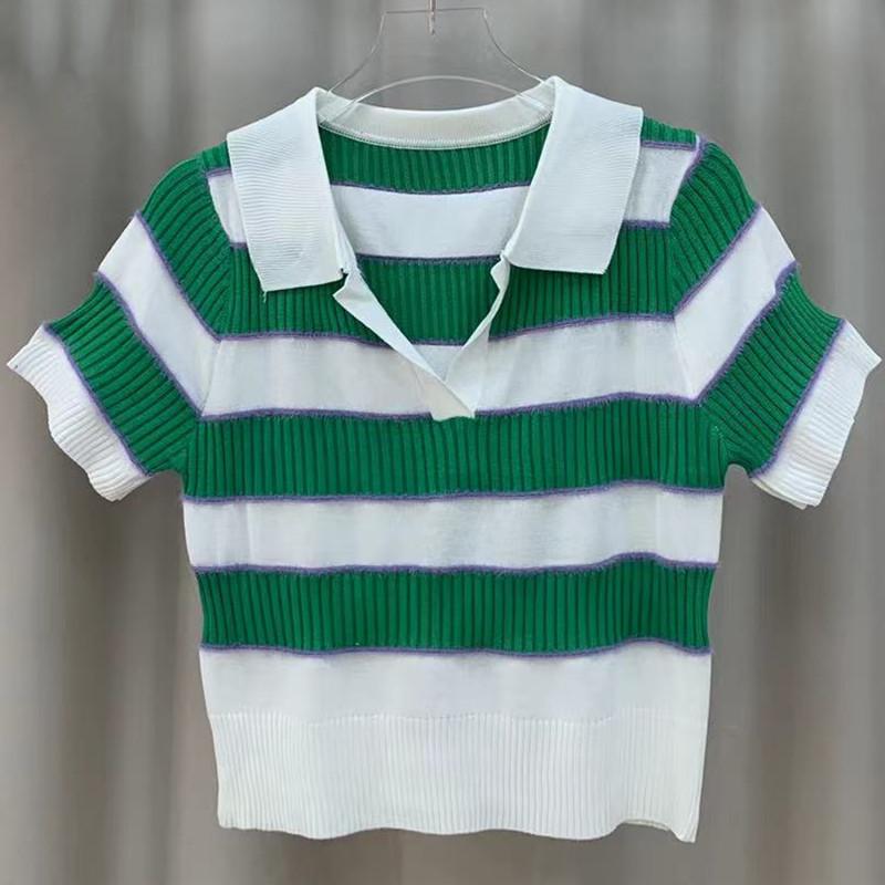 Fashion College Style Short-sleeved Knit Sweater Female Summer Color Collision Striped Thin T-shirt Tops Casual Essential Slim Fit Pullovers Tees