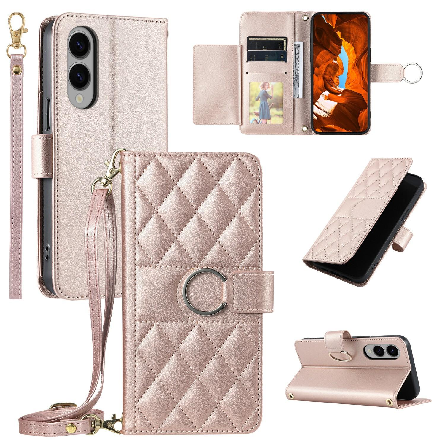 

For Samsung Galaxy S25 Edge Crossbody Leather Case Ring Buckle Wallet Stand Rhombus Mobile Cover Rose Gold