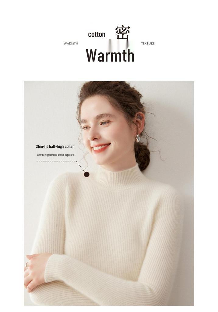 Women's Cashmere Solid Color Half-High Neck Sweater – Thick Knit, Slim Fit, Versatile Autumn/Winter Base Layer Top