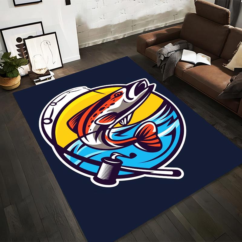 

Decorative Carpet with Vibrant Jumping Fish, Rod, Blue and Yellow Theme Suitable for use as an anti-slip for living room bedroom sofas 40x60cm( 15x23in )