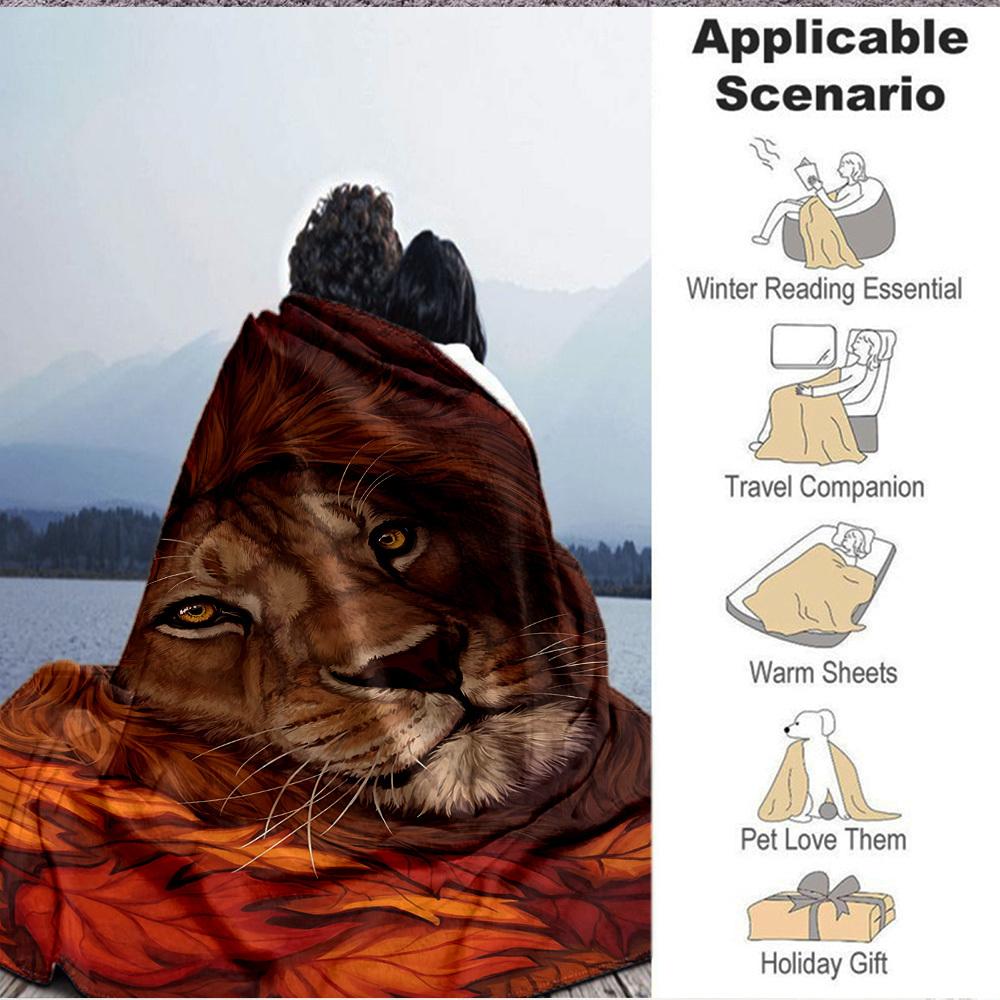 1pc Lion, Autumn Leaves Blanket Lightweight Flannel Blanket Throw Blanket For Sofa, Bed, Travel, Camping, Livingroom, Office, Couch, Chair, And Bed yy