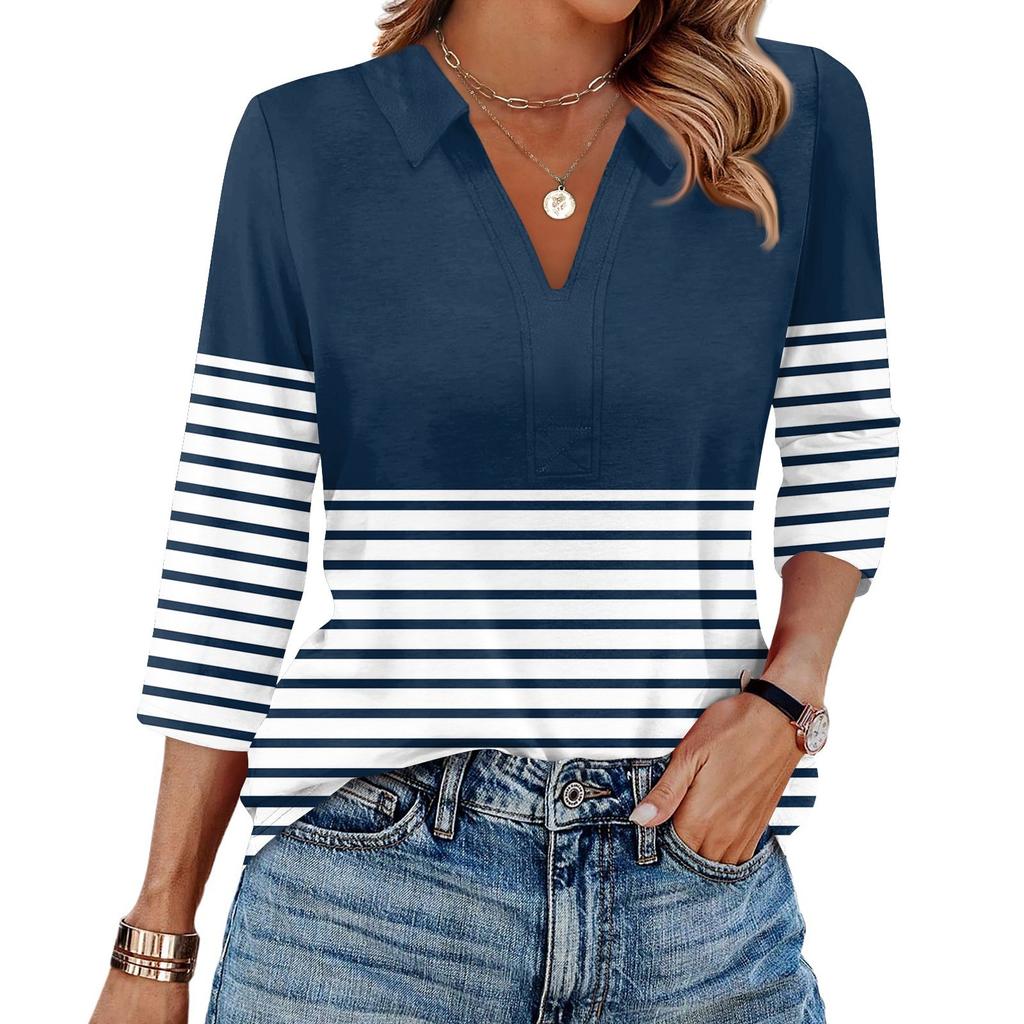 Women's Fashion Casual Lapel 3/4 Sleeve Print Shirt Women's V-Neck Tops