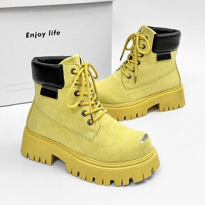 Żółte Designerskie Botki Męskie Jesienne Outdoorowe Zamszowe Buty Modne Wysokie Platforma Buty Męskie Outdoorowe Narzędziowe Buty Motocyklowe
