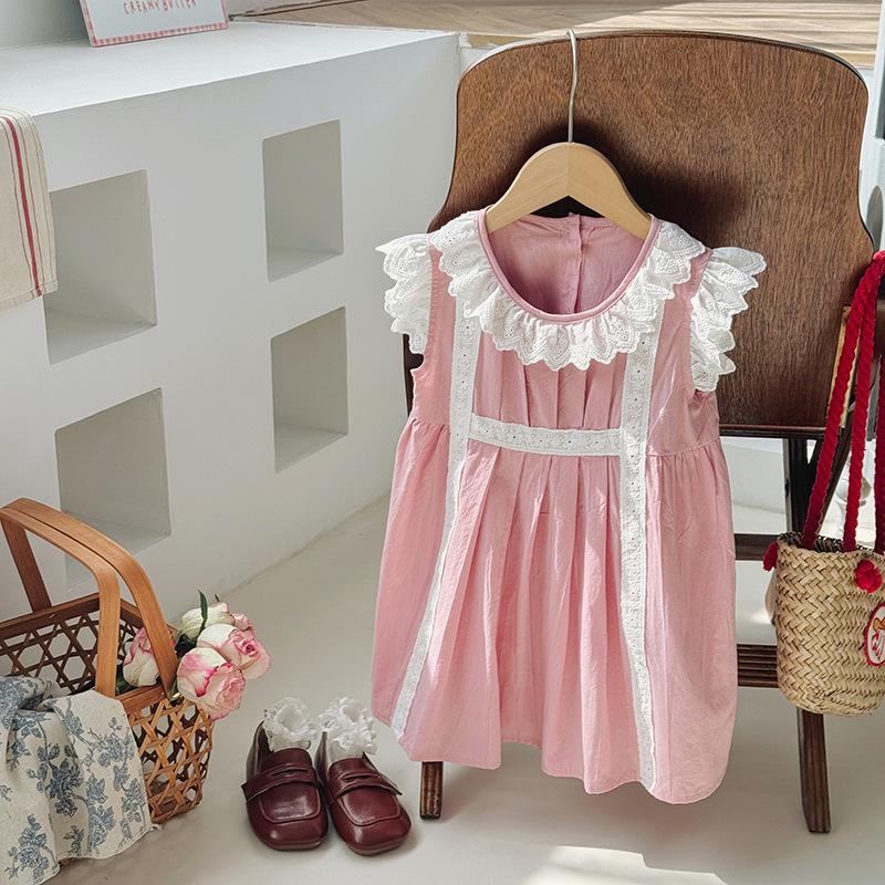 Girls Summer Lace Ruffle Collar Pleated Dress Sweet Princess Flutter Sleeve Hem Skirt