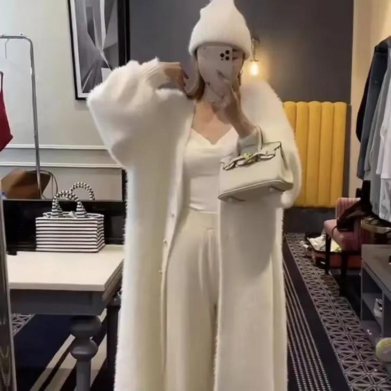 Pearl Buckle Design Sense Long Knee Mink Velvet Jacket Korean Lazy Desire Outside with High-end Coat Women