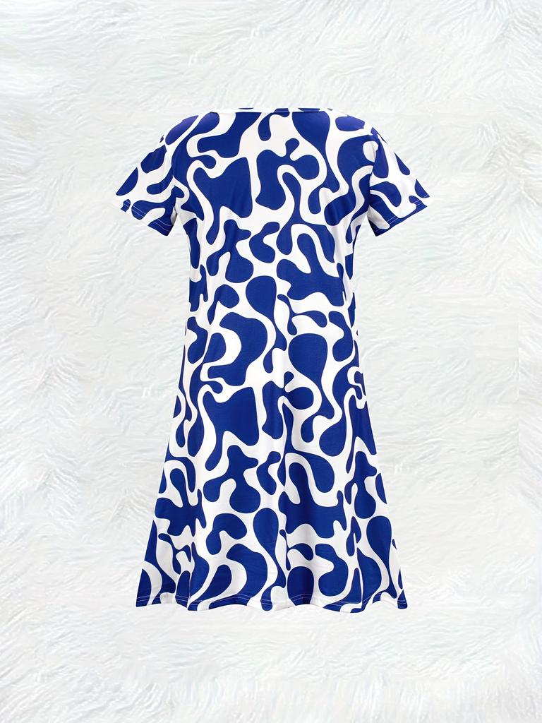 Women's Casual V Neck Short Sleeve A Line Print Dress Blue Leaf Pattern White Background Summer Dress New Fashion