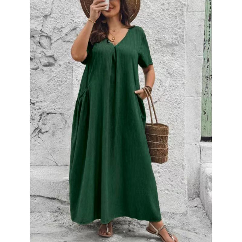 Plus Size Women V Neck Short Sleeve Loose A Line Long Dress With Pockets