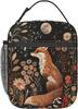 Moonlit Fox Insulated Lunch Bag, Portable Tote Bags with Autumn Flower Forest Scene, Waterproof Oxford Fabric Lunchbox for Adults, Work, School, Picni