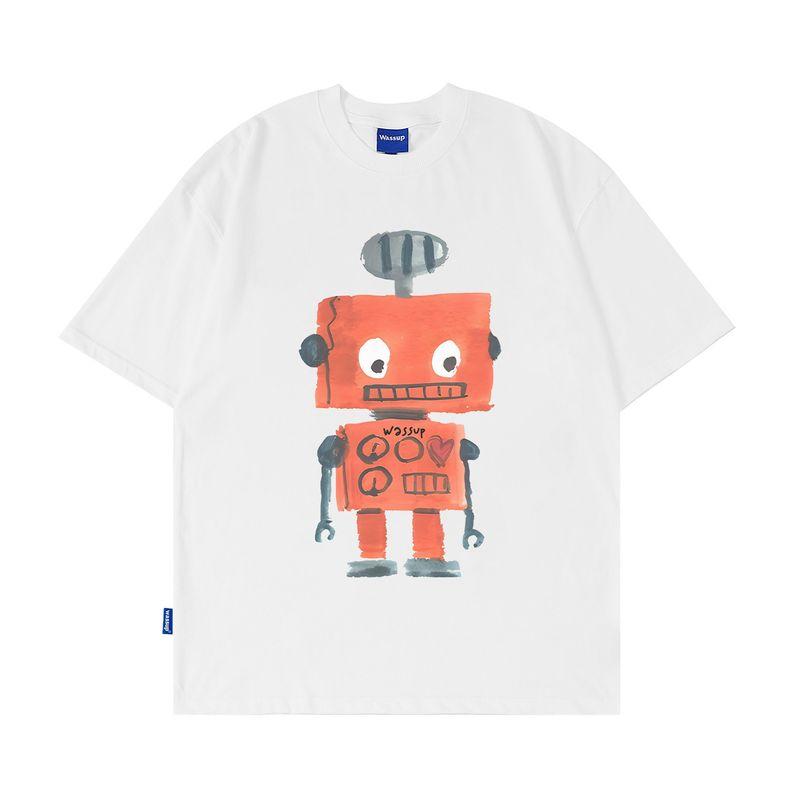 Wassup Robot Retro Simple Short-Sleeved T-Shirt for Men and Women Loose Casual Summer Heavy Cotton Round Neck Top