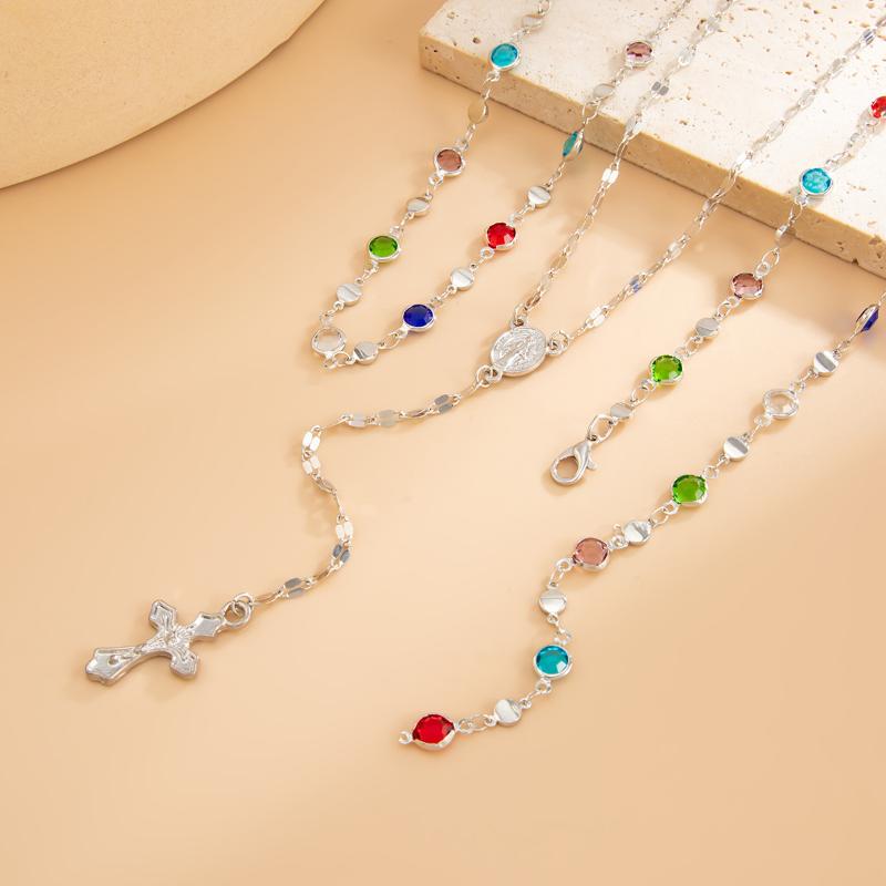 Fashionable Light Luxury Jesus Cross Pendant Necklace Set For Women Trendy Colorful Crystal Chain Choker Christian Jewelry Gift