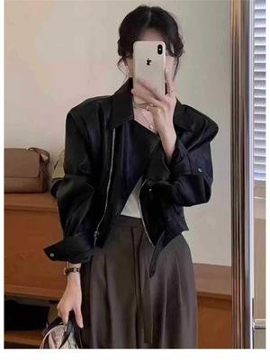 Women's Slimming PU Leather Jacket - Spring/Autumn Fashion with Lapel