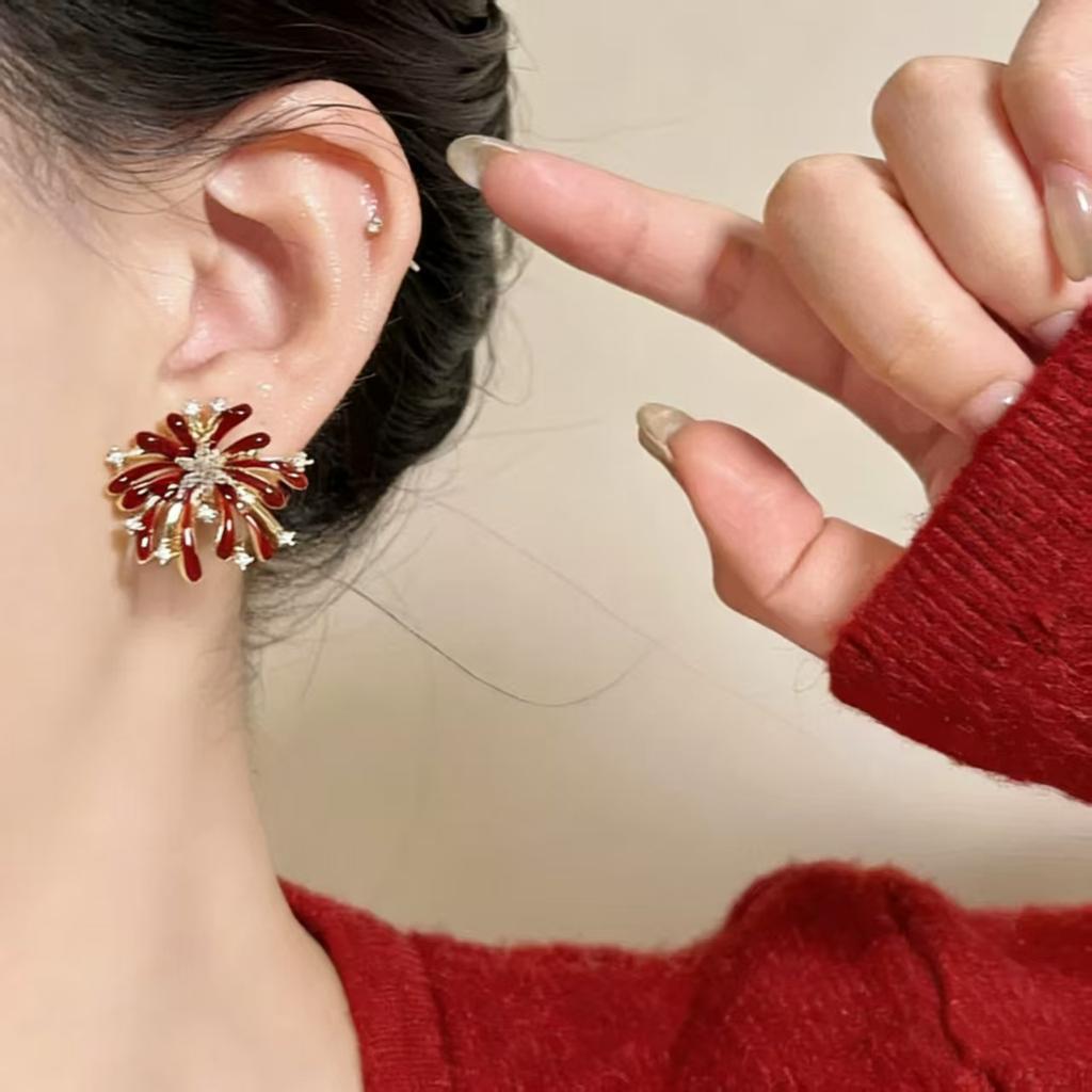 New Year's red zircon fireworks stud earrings women's ear clips 1111 new popular earrings unique niche beautiful earrings