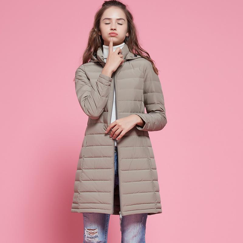 Lett dunjakke for kvinner, middels lang med hette, 2025 høst og vinter, lett og tynn høst- og vinterjakke med hvitt andedun