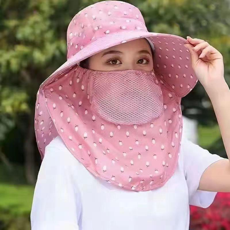 Summer sun hat women's sun protection face covering shawl hat riding face protection big eaves hat mask tea picking hat small cherry can be folded