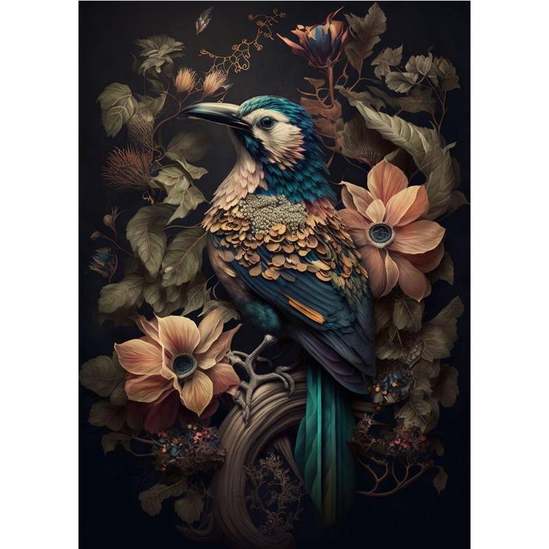 Vintage Animals In the Jungle, Flowers, Canvas, Painting, Poster Printing, Peacock, Tukan, Parrot, Elephant, Monkey, Wall Painting