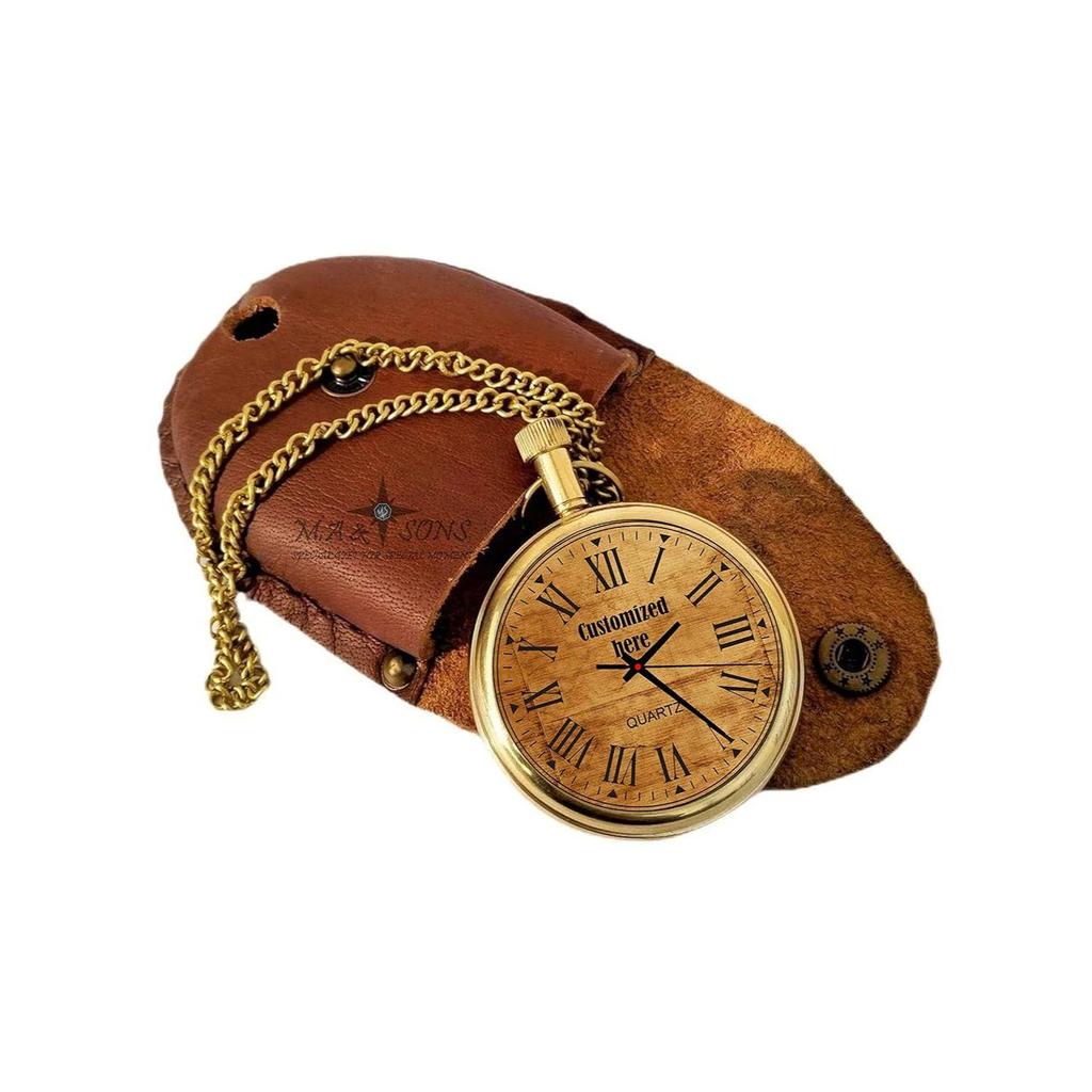 COMPASS Unisex Pocket Analog Watch Chain And Leather Case,Dial-Yellow, Band-Gold
