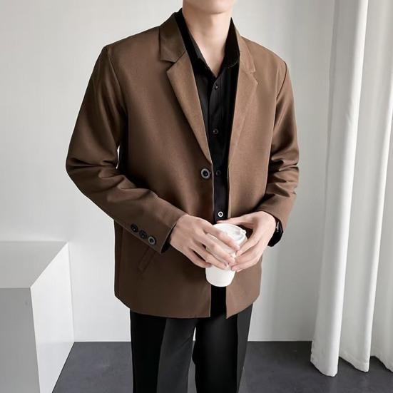 Men Blazer Solid Color Single-breasted Turndown Collar Jacket Spring Autumn Loose Suit Coat