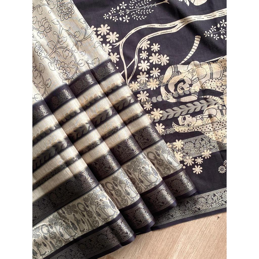 Premium Dola  Saree with Jacquard Weaving Border All Over the Saree On Either Sides with Printed Pallu.