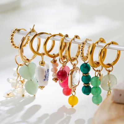 Bohemian Style Natural Stone Beads Irregular Pendant Earrings for Women Stainless Steel Hoops Earring Charm Summer Jewelry