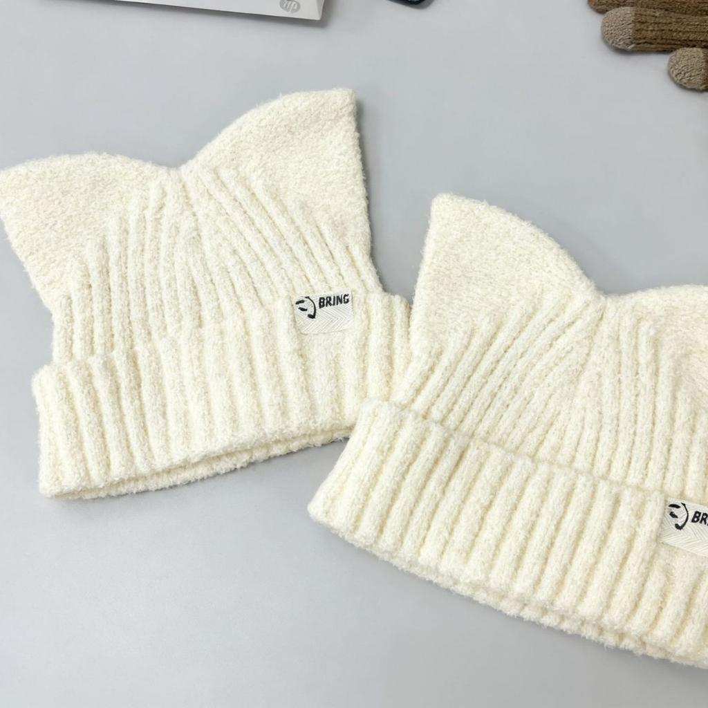 Zimní pletená čepice s kočičími oušky pro ženy, Módní korejský styl, Volná čepice ve velké velikosti, Teplá a roztomilá do chladného počasí méně