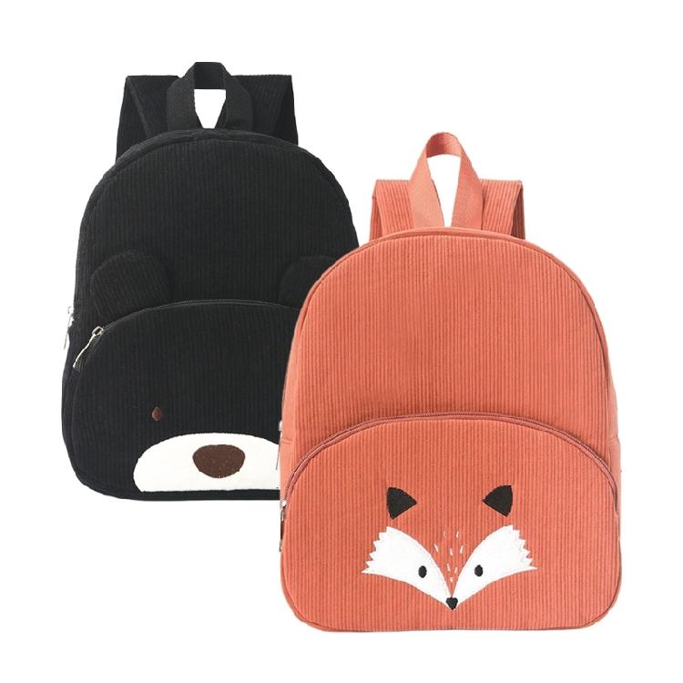 Corduroy Backpack With Bear Detail Generous Storage Space School Bag Casual Daypack for Student and Teens