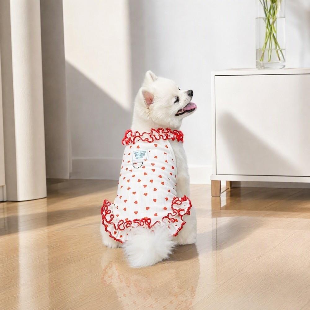 Ruffle Cat Puppy Vest Red Love Heart Dots Breathable Dog Cat Clothes Cat Costume Soft Kittens Clothing Recovery Suits