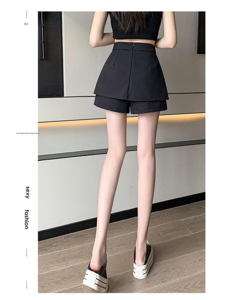 Women's 2026 Spring/Summer High-Waist Black A-Line Wide-Leg Cargo Shorts Skirt