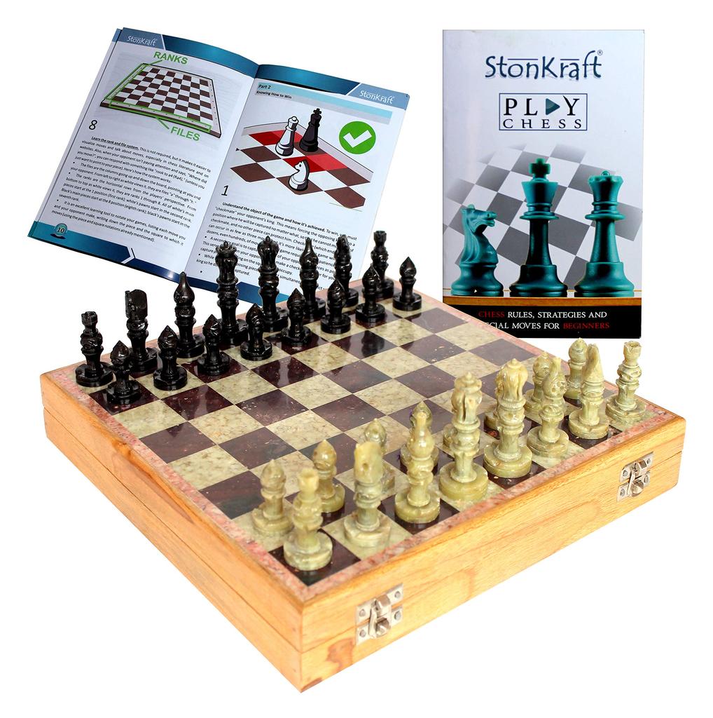 StonKraft X X 25 Chess Board with Wooden Base Stone Inlay Stone Pieces Game Set Inlaid Wood Chess with Stone Chess - 10" 10" (25 Cm) & & (Stone