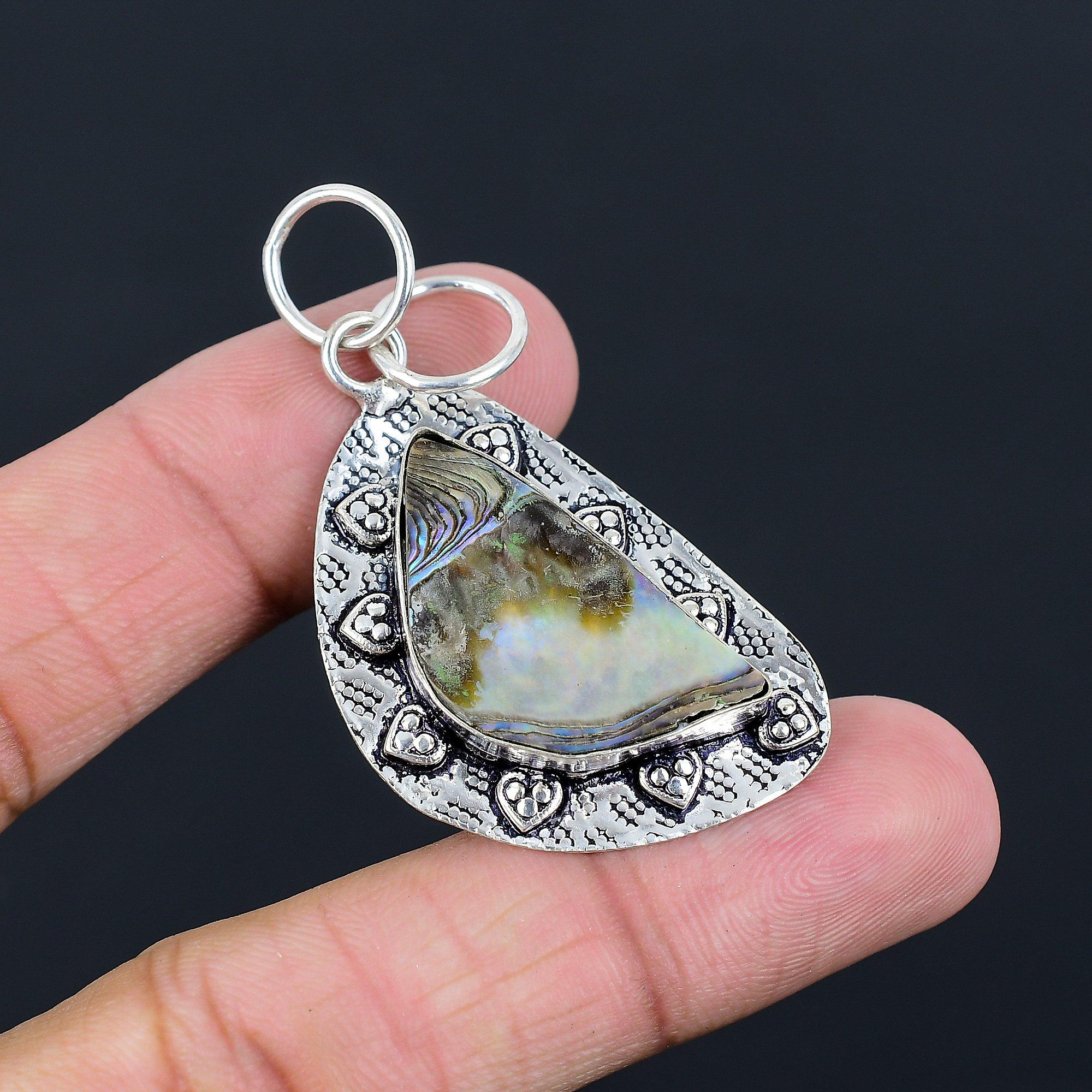 925 Silver Crescent Natural Abalone Shell Birthday Wedding Art Deco Boho Pendant
