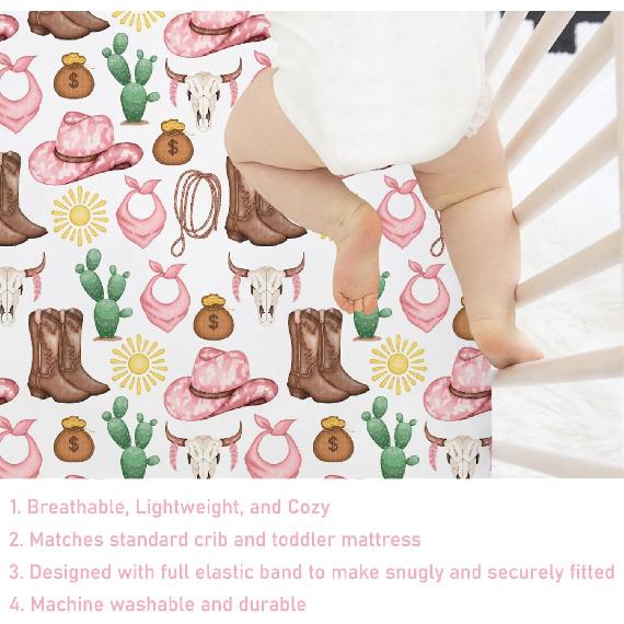 Pink Western Cowgirl Cowboy Fitted Baby Crib Sheet for Boy Girl 52"x28" Desert Cowboy Hat Boot Sun Cactus Soft Breathable Baby Crib Mattress Bed