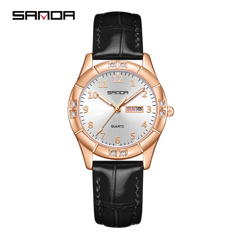 Sanda Junior High Student Retro Quartz Watch - Luminous, Dual Calendar, Waterproof, Sun Pattern, Fashionable Women's Style