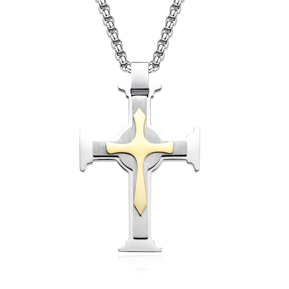 Three-layer Pattern Combination Cross Pendant Fashion Retro Men s Trend Titanium Steel Necklace 60CM