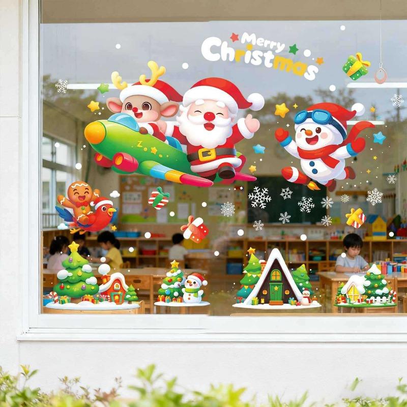 Christmas Decoration Glass Decals, Static Display Window Stickers, Santa Claus, Snowman