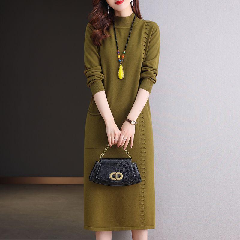 Half Turtleneck Knitted Dress Solid Color Loose Mid-length Sweater for Women Autumn and Winter Casual Long-sleeved Pullover