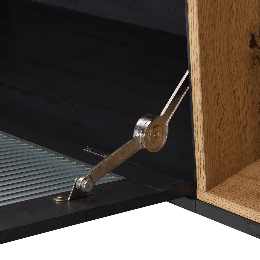 TV Schrank Lowboard 200cm, Modernes TV Board TV-ständer Riffelglastür, Offenes Staufach, Schlichtes Fernsehtisch HiFi-Schrank Holzfarbe & Grau