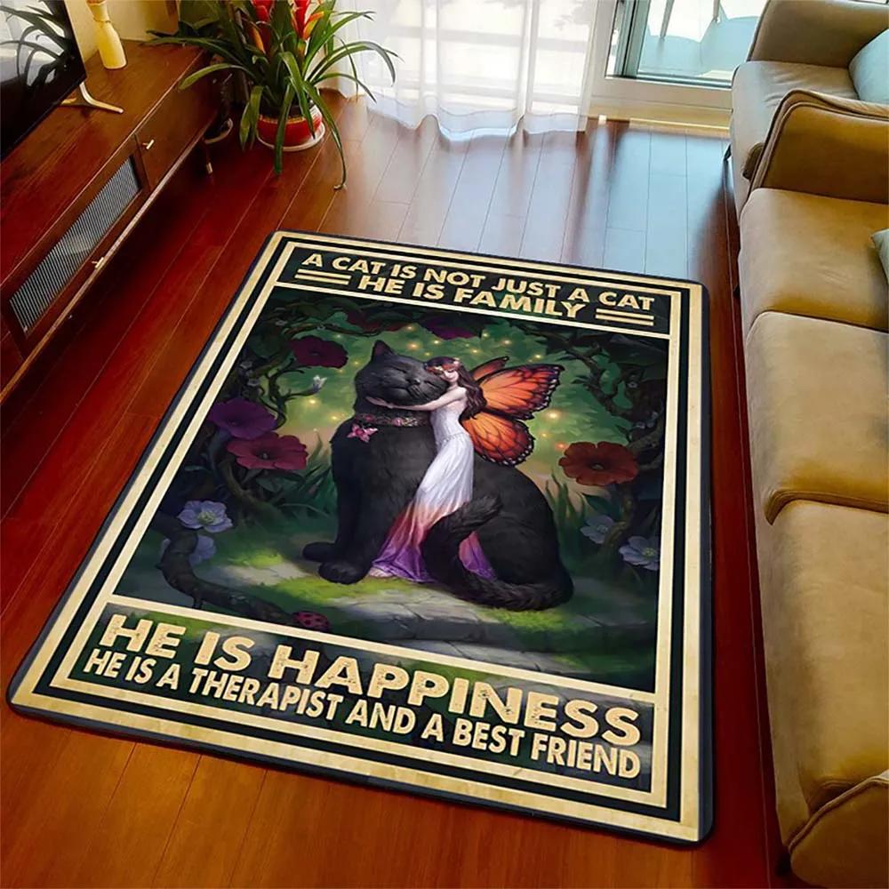 Schwarze Katze Retro Bereichsteppich Teppich Wohnzimmer Heimdeko Sofa Teppich Rutschfest Stuhlkissen Lounge Matte Halloween Hexen Dekoration