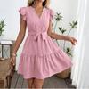 Women's Fashion V-neck Short Sleeve  A- Line Skirt Lace-up Waisted Dress
