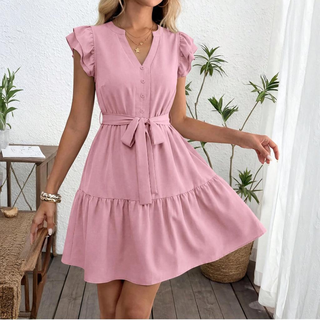 Women's Fashion V-neck Short Sleeve  A- Line Skirt Lace-up Waisted Dress