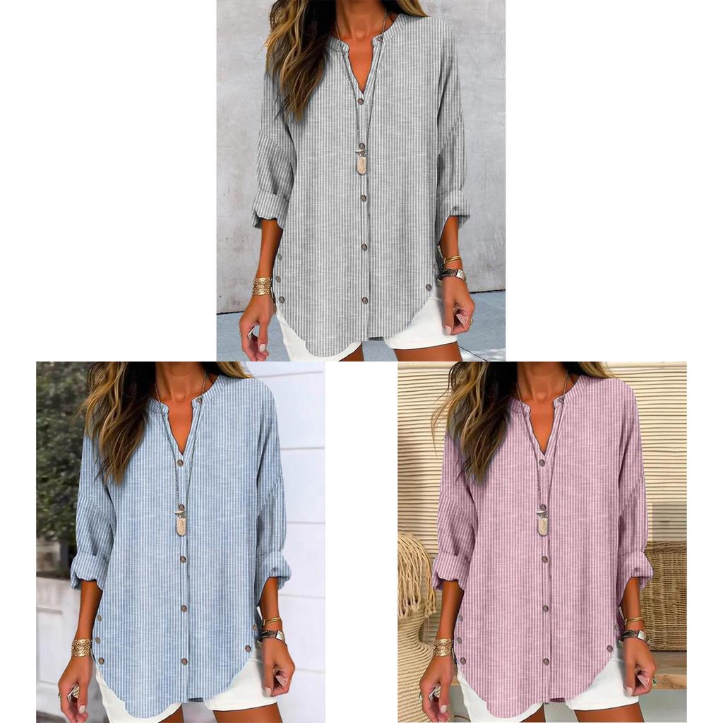 Women Autumn Winter Long Sleeve Stripe Shirt With 3d Effect And Button Details For Casual Office Wear