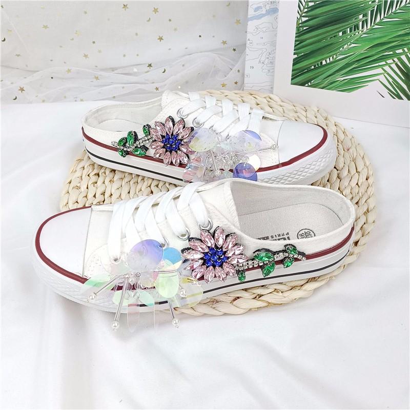 Fashion Shoes for Women Summer New Diamond Sequin Flower Low Top Casual Shoes Flat Bottom Lace Up Fashion Dance Shoes  Slippers Women