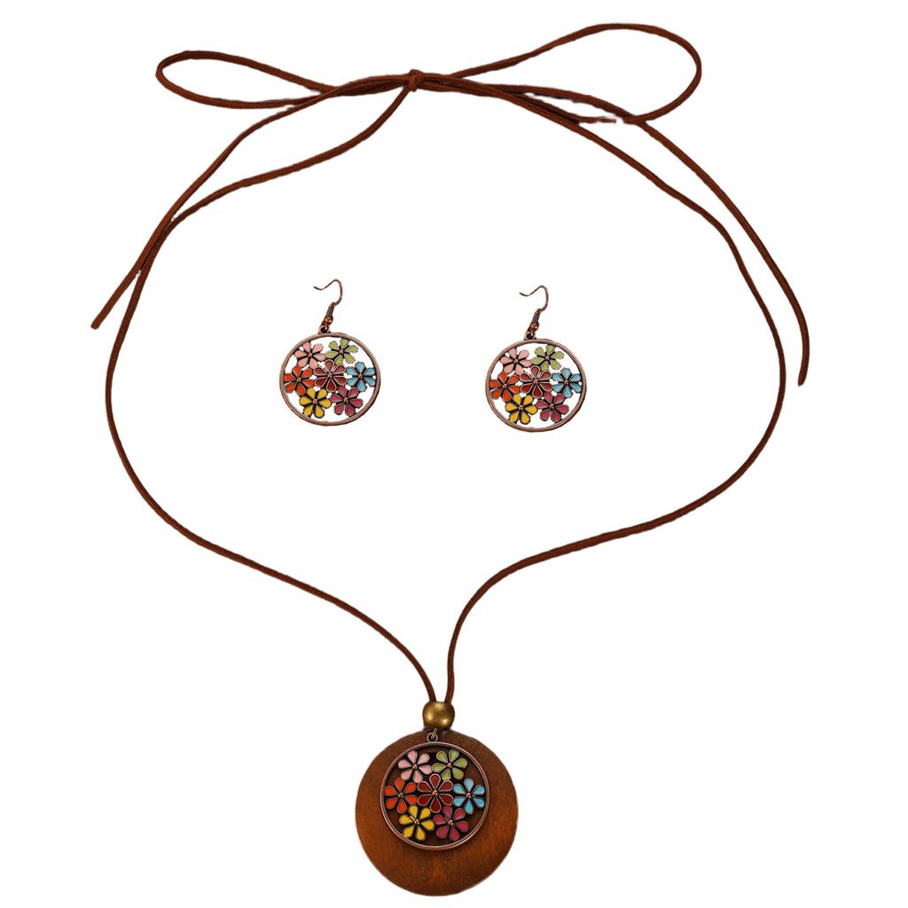 Bohemian Leaf & Turquoise Jewelry Set, Vintage Wood & Metal Necklace, Earrings & Ring for Women