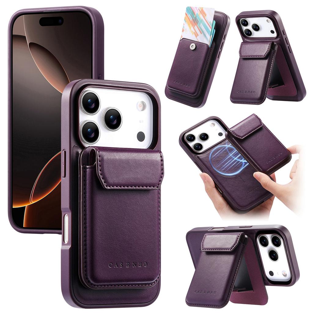 CASENEO For iPhone 17 Pro Max Magnetic Case PU Leather PC Phone Cover with Detachable Card Holder Kickstand Compatible with MagSafe