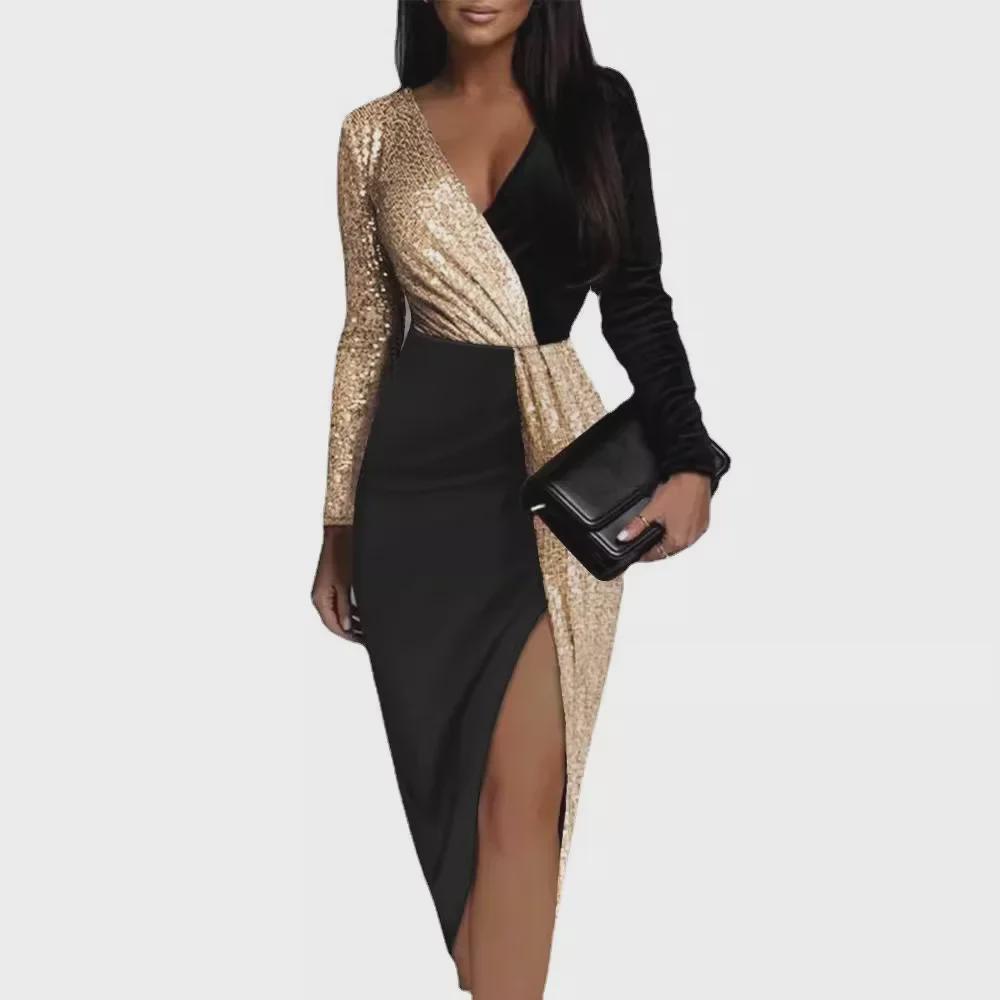 2025 Spring/Summer High-Waist Gold & Black Sequin Dress