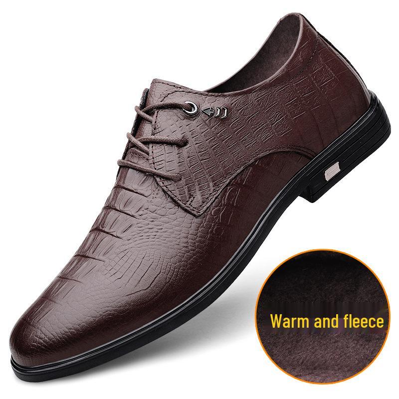 Men s Lace-Up Velvet-Lined Leather Winter Shoes with Crocodile Embossed Pattern – Versatile Casual Formal Footwear. 43