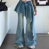 VIONA Herbst Neu Übergröße Hohe Taille Denimrock Jeans Lang Bodenlang Leicht Ausgestellt Design Sinn Asymmetrischer Saum Fake Zweiteiler