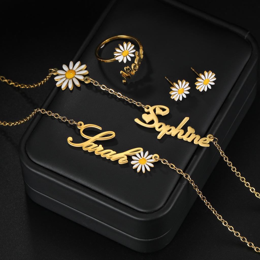 Atoztide Personalized Custom Name Jewelry Set Dripping Oil Flower Necklace Bracelet Earring Ring Stainless Steel for Women Gifts